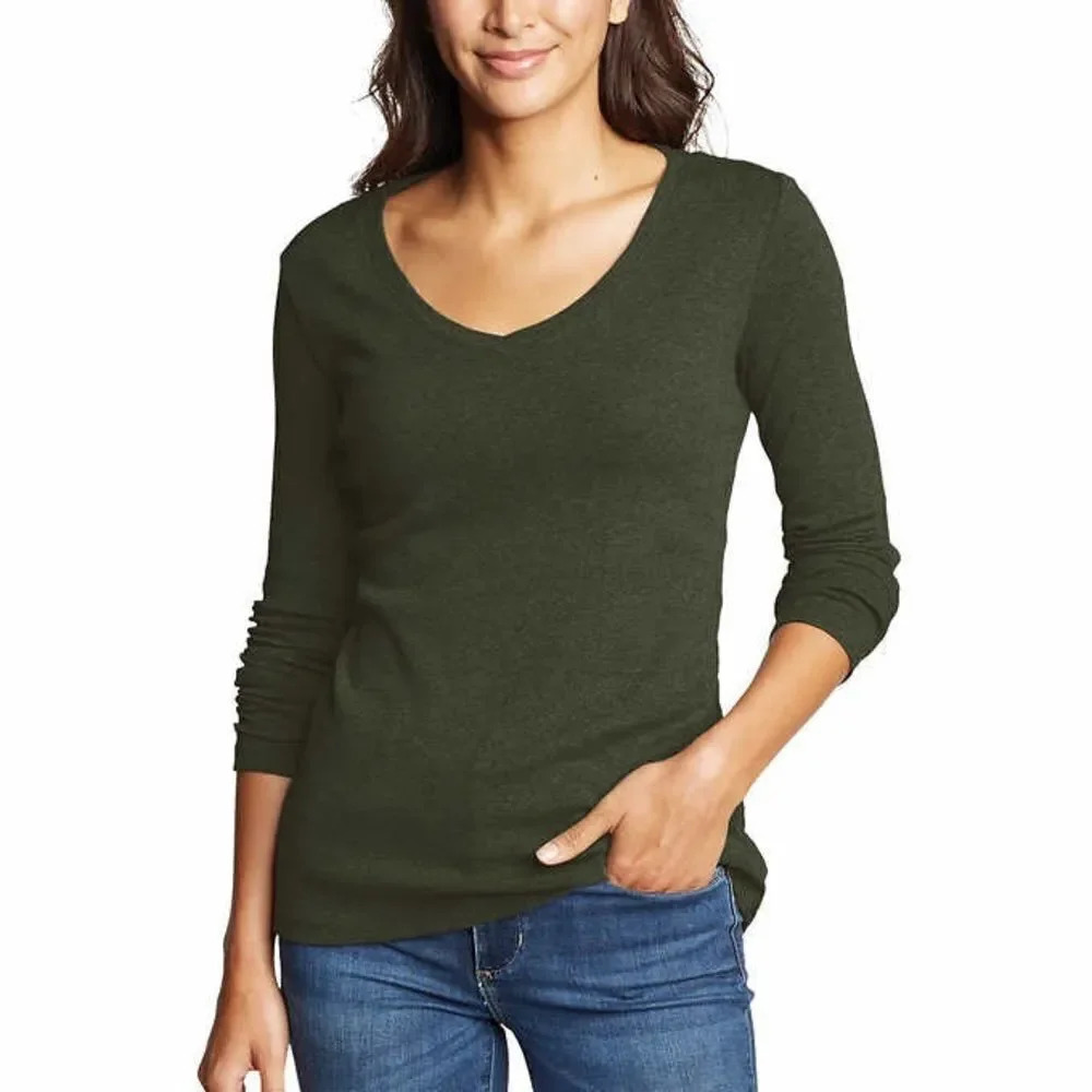 Eddie Bauer Ladies Long Sleeve Green V Neck Tee Large NWOT